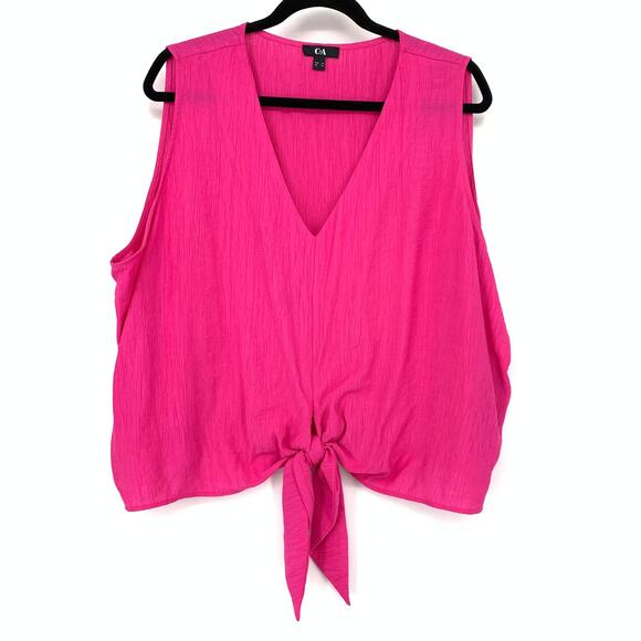 C&A V-Neck Sleeveless Tie Front Crinkle Blouse Womens Size 48 US XL Hot Pink - Picture 1 of 6